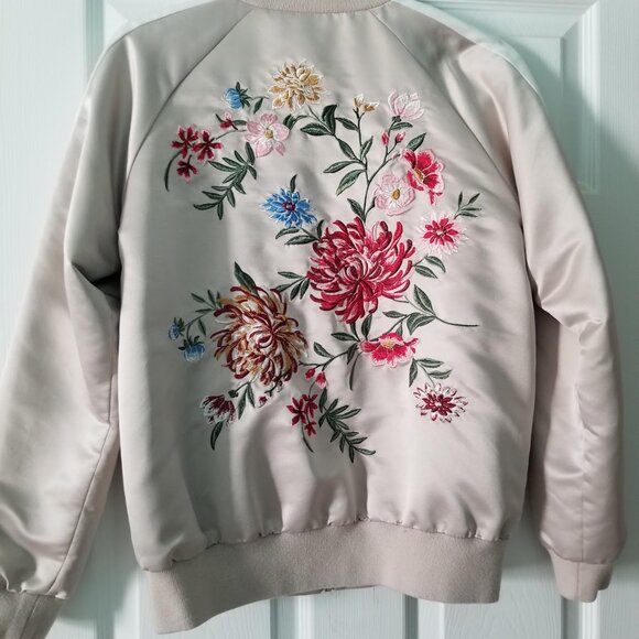 Forever 21 Satin Embroidered Flower Bomber Jacket, Size Medium, Neutral - Picture 1 of 9